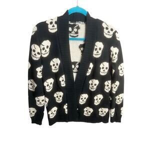 Skull Cardigan Black White Somfort Cozy Y2K Emo Goth Grunge Whimsy Rock Sz L